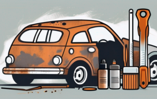 A car with visible rust spots being treated with various tools and products