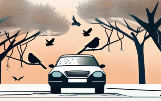 A car under a tree with birds sitting on the branches