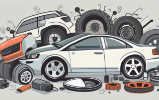 Various car parts like an engine