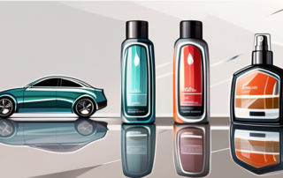 Various car polish products lined up on a glossy surface