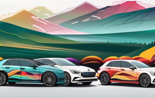 Several cars with different vibrant color foils parked in front of a german landscape