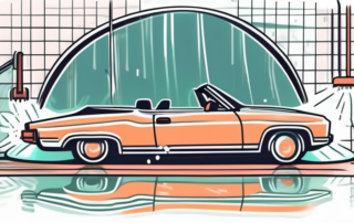 A convertible car going through a car wash with different cleaning stages