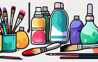 Various art supplies like paintbrushes