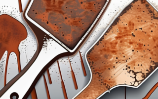 Various rusted metal surfaces with different stages of patching using a spatula and rust converter