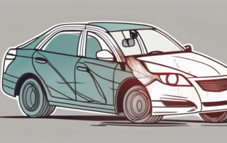 A car with visible damage and a magnifying glass hovering over it