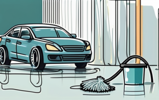 Various car cleaning tools like a bucket with soapy water