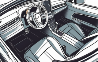 An open car cockpit with various cleaning tools like a brush
