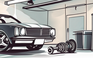 Two car struts with worn out top mounts (domlager) next to new replacement parts