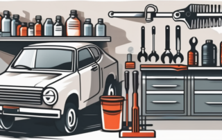 A variety of car repair tools arranged neatly on a workbench