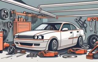 A car partially disassembled with various auto parts scattered around it