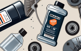 A close-up view of a brake fluid bottle with a price tag