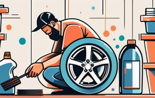 Various car rims being cleaned using different tools and cleaning products