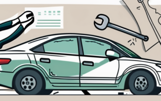 A damaged car door with tools like a hammer