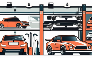 A busy independent garage with various car parts