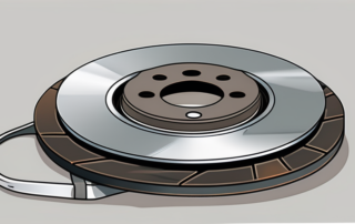 A brake disc and brake pad with visible signs of wear and tear