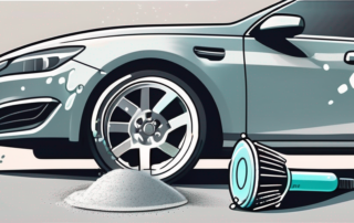 Heavily soiled aluminum car wheels with a cleaning brush and a bottle of cleaning solution nearby