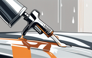 A spray gun applying 3m primer on a car surface