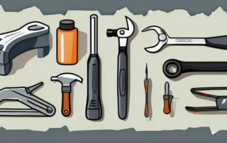 A car bumper repair kit with various tools like a hammer