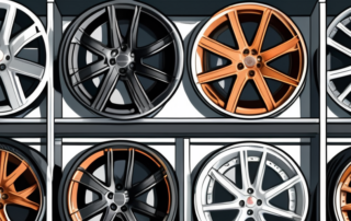Various types of car rims displayed in a local store setting