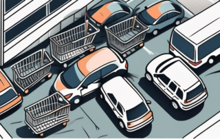A chaotic parking lot filled with various obstacles like shopping carts