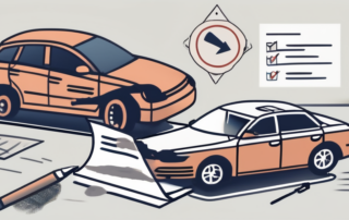 A damaged car with a checklist floating nearby