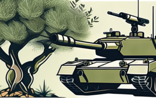 An olive tree with its branches morphing into various nato military equipment like tanks and fighter jets