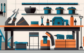 A well-organized workshop with various tools like hammers