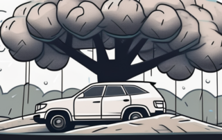 A car parked under a sturdy tree with makeshift protective measures like blankets and bubble wrap
