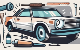 A small car with a noticeable dent and various tools like a plunger