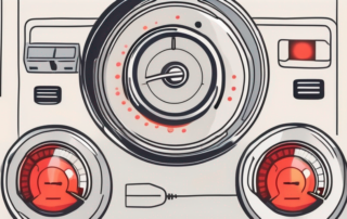 A car's brake system with a low brake fluid indicator light illuminated on the dashboard