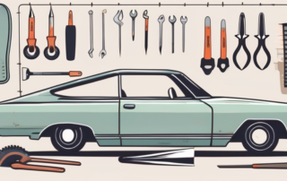 A car with a detached front fender next to a set of tools