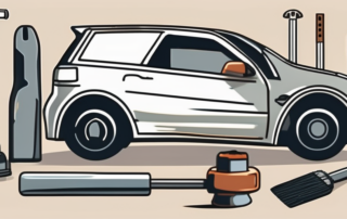 A car with visible dents and a variety of tools like a plunger