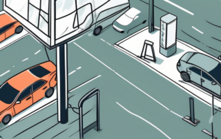 A chaotic parking lot with various car accidents such as a car hitting a light post