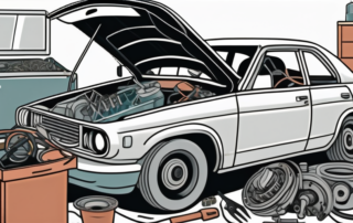 A car with its hood open revealing a chaotic tangle of engine parts