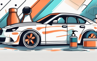 A car gleaming brightly with various car polishing tools like wax