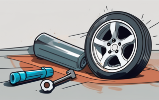 A damaged car wheel with tools like a wrench and a hammer nearby