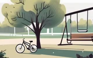 A park scene with a toppled bicycle near a tree