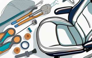 A car seat with various tools like a needle and thread