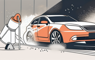 A high-pressure steam cleaner efficiently cleaning a dirty car