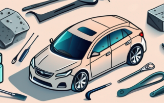 A car's hood with visible stone chips and a set of repair tools nearby