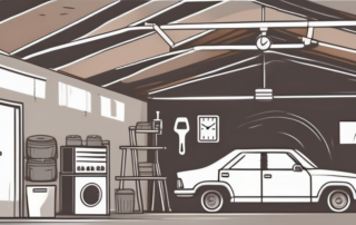 A car in a garage with various tools around it and a clock on the wall showing passing time