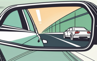 A car's rear-view mirror reflecting another vehicle approaching from behind