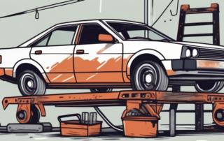 A car on a lift with a focus on its rusty underbody