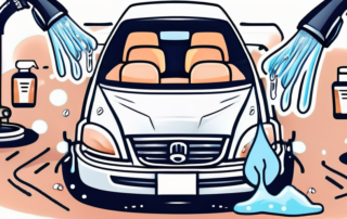 Different car washing tools like a bucket with soapy water