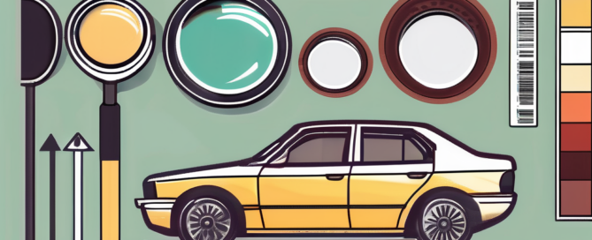 A german car registration document (fahrzeugschein) with a magnifying glass focusing on the section indicating the car's color code (farbcode)