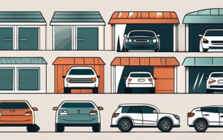 A variety of cars covered with half-garages