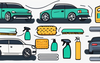 Various car cleaning supplies such as a bucket