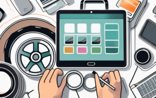 Various styles of aluminum wheels displayed on a digital tablet surrounded by different online shopping elements such as a shopping cart