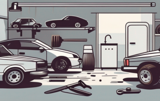 An open garage with various car parts and tools scattered around