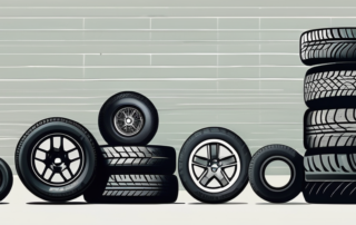 Various types of tires stacked in different creative and efficient ways